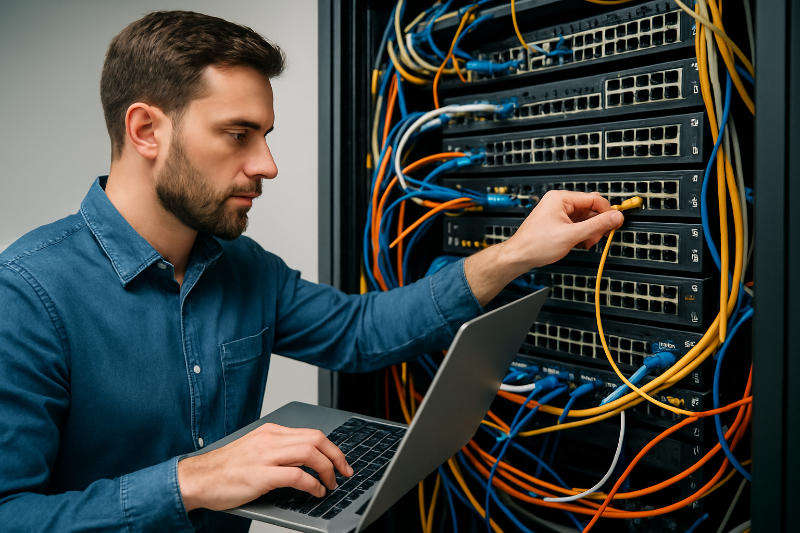 Network Technician Connecting Cables to a Switch